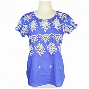 Witchery Silk Puff Sleeve Eyelet Purple Blue Top Size 10